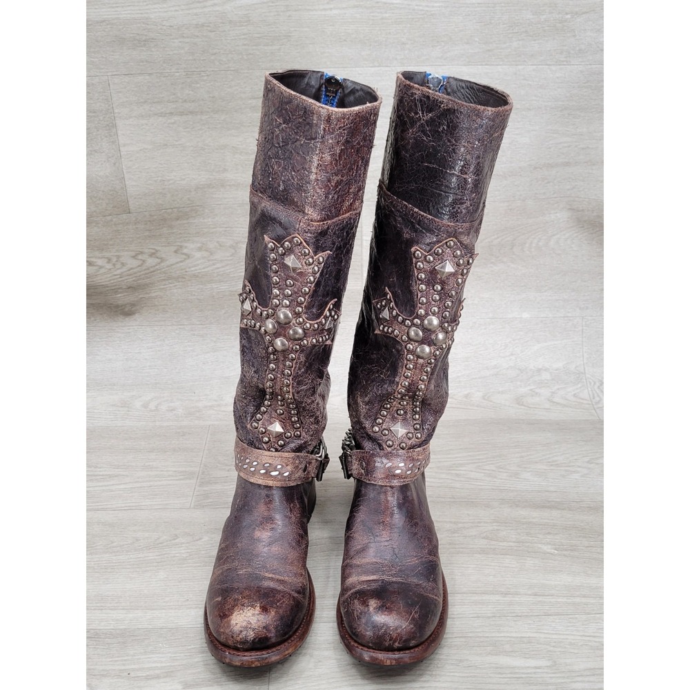 Vintage SENDRA Knee High Western Leather Belted With Big Cross Boots 9.5